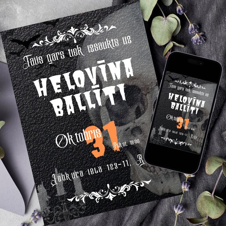 Helovīna ballītes digitāls ielūgums ar skeletgalvu